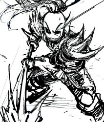  1girl 2018 2d alternate_form anthro armor black_sclera breastplate digital_media ear_fins female female_only fighting_stance fins fish fish_girl gauntlets genocide_route_(undertale) head_fins high_ponytail holding holding_polearm holding_spear holding_weapon long_hair monster monster_girl polearm ponytail seki_(vcyr2733) sharp_teeth simple_background sketch slit_pupils solo spear spiky_hair teeth undertale undyne undyne_the_undying utdr_(toby_fox) weapon white_background white_pupils 