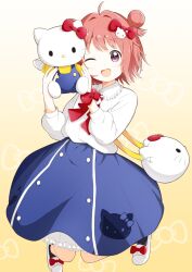  1girl ;d ahoge akaza_akari bag ballet_slippers black_socks blue_dress bow bowtie collar commentary_request dress frilled_collar frills full_body gradient_background hair_bun hair_intakes hands_up hello_kitty hello_kitty_(character) highres holding holding_stuffed_toy long_dress long_sleeves looking_at_viewer one_eye_closed oshiro_e puffy_long_sleeves puffy_sleeves red_bow red_bowtie sanrio shirt shirt_tucked_in short_hair shoulder_bag simple_background smile socks solo stuffed_toy violet_eyes white_shirt yellow_background yuruyuri 