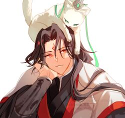 1boy animalization arm_support black_hanfu cat chinese_clothes closed_mouth curtained_hair facial_mark forehead_mark green_eyes hand_on_own_cheek hand_on_own_face hanfu highres long_hair long_sleeves looking_at_animal looking_up luo_binghe male_focus parted_bangs portrait red_eyes renzha_fanpai_zijiu_xitong ribboned_xiao_guan sakuramochi1003 shen_qingqiu simple_background smile two-tone_hanfu watermark wavy_hair white_background white_cat 