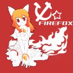  :d animal_ears artist_request bangs between_legs boots breast_squeeze breasts capelet communism detached_sleeves fiery_tail fire firefox fox_ears fox_tail hammer_and_sickle hand_between_legs head_tilt iron_curtain jewelry long_hair looking_at_viewer open_mouth orange_hair os pendant red_background red_eyes skirt smile solo source_request spread_legs squat squatting tail thigh_boots thighhighs zettai_ryouiki 