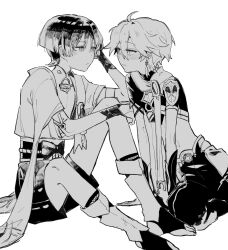 2boys aether_(genshin_impact) ahoge arm_armor armor baggy_pants belt blunt_ends blush bow braid bridal_gauntlets clenched_hand closed_mouth earrings full_body genshin_impact gloves greyscale hair_between_eyes half-closed_eyes han'eri hand_on_own_head hand_up highres jewelry leaf leg_warmers long_hair looking_at_another low-braided_long_hair low-tied_long_hair male_focus mandarin_collar midriff monochrome multiple_boys navel no_headwear open_clothes open_vest pants pom_pom_(clothes) ring sandals scaramouche_(genshin_impact) scarf shirt short_hair short_sleeves shoulder_armor shy simple_background single_braid single_earring sitting sleeveless sleeveless_shirt socks star_(symbol) vest wanderer_(genshin_impact) wavy_mouth yaginori 