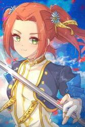  1girl blue_sky blurry blurry_background closed_mouth commentary_request eleanor_hume falling_petals fingerless_gloves gloves gold_trim green_eyes highres holding holding_staff orange_hair petals red_petals sky smile solo staff tales_of_(series) tales_of_berseria twintails upper_body white_gloves zer00han 