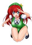  blue_eyes braid breasts hat hong_meiling kiku_hitomoji kneeling large_breasts open_mouth red_hair solo toru_tooru touhou twin_braids 