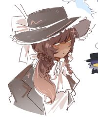  1girl ascot bow braid brown_hair brown_hat brown_jacket closed_eyes collared_shirt commentary dark-skinned_female dark_skin english_commentary frozen_soul hat hat_bow hong_tanght jacket long_hair nashatra_bealdhild parted_lips roblox shirt simple_background solo upper_body white_ascot white_background white_bow white_shirt 