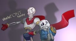  2015 2boys 2d armor black_shorts blue_jacket blue_shorts brothers comic_sans commentary cowboy_shot digital_media duo english_commentary english_text food gloves gradient_background grey_hood half-closed_eyes hand_on_own_hip height_difference holding holding_food hollow_eyes hood hood_down hooded_jacket hot_dog humanoid jacket male male_focus male_only monster monster_boy multiple_boys open_clothes open_jacket outstretched_arm papyrus_(font) papyrus_(undertale) purple_background red_gloves red_scarf sans_(undertale) scarf shadow shirt shorts siblings simple_background single_vertical_stripe skeleton striped_shorts teeth text toono undead undertale upper_body utdr_(toby_fox) vertical-striped_clothes vertical-striped_shorts white_armor white_shirt white_stripes |_| 