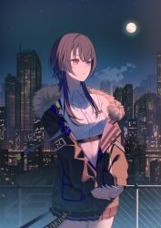  1girl absurdres artistic_error black_hair black_jacket black_skirt blue_hair breasts closed_mouth collared_shirt cropped_shirt crossed_bangs earrings fur-trimmed_jacket fur_trim hashtag-only_commentary highres ichinose_uruha ichinose_uruha_(4th_costume) jacket jewelry long_hair long_sleeves maria_onnette medium_breasts miniskirt moon multicolored_hair night night_sky outdoors pleated_skirt shirt sidelocks signature skirt sky solo standing stomach streaked_hair upper_body violet_eyes virtual_youtuber vspo! white_shirt wolf_cut 