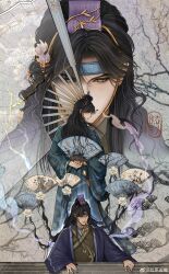  absurdres china chinese_clothes chinese_text cixiqupie flower folded_fan folding_fan hand_fan headband highres long_hair long_sleeves love_and_deepspace zayne_(love_and_deepspace) 