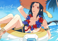  1boy alternate_costume armlet black_hair character_doll commentary_request day doll facial_mark fire_emblem fire_emblem:_path_of_radiance flower flower_collar flower_necklace forehead_mark hat hitaki_y ike_(fire_emblem) jewelry lei long_hair male_focus male_swimwear ocean outdoors parted_lips red_eyes solo soren_(fire_emblem) straw_hat swim_ring swim_trunks 