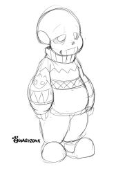  1boy 2020 2d arms_at_sides artist_name digital_media full_body half-closed_eyes humanoid male male_focus male_only monster monster_boy pants sans_(undertale) simple_background single_horizontal_stripe skeleton sketch slippers socks solo standing striped_clothes striped_sweater sweater teeth undead undertale utdr_(toby_fox) white_background zwagyzonk 