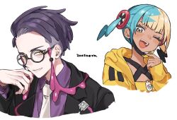  1boy 1girl aqua_hair bandeau black_hair black_jacket black_mask blonde_hair blue_eyes blush breasts canari_(pokemon) collared_shirt commentary_request corbeau_(pokemon) criss-cross_straps cropped_shoulders dark-skinned_female dark_skin eyewear_strap glasses jacket long_sleeves looking_at_viewer mask mask_pull mega_stone mouth_mask multicolored_hair necktie one_eye_closed open_clothes open_jacket parted_hair parted_lips pokemon pokemon_legends:_z-a purple_hair purple_shirt round_eyewear shirt short_hair short_sideburns short_twintails smile split-color_hair sports_bra teeth twintails two-tone_hair two-tone_mask undercut white_necktie yellow_bandeau yellow_eyes yellow_jacket yellow_mask yellow_sports_bra zoosoeoa 