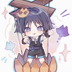  1boy :p artist_name black_overalls blunt_ends blush bright_pupils casual cat_hair_ornament contemporary feathers fur_wrist_cuffs genshin_impact grey_hair hair_ornament hands_up highres jairosan looking_at_viewer male_focus marionette marionette_controller notice_lines official_alternate_costume open_hands overalls pom_pom_(clothes) puppet puppet_strings scaramouche_(genshin_impact) shirt short_sleeves solo standing tongue tongue_out undershirt violet_eyes wanderer_(genshin_impact) watermark white_pupils white_shirt white_sleeves wispy_bangs wrist_cuffs yellow_feathers 