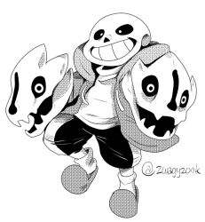  1boy 2019 2d arm_cannon artist_name black_shorts digital_media drawstring dual_wielding full_body gasterblaster hood hood_down hooded_jacket jacket male male_focus male_only monochrome open_clothes open_jacket sans_(undertale) screentones shirt simple_background skull slippers socks solo striped_shorts undertale utdr_(toby_fox) vertical-striped_clothes vertical-striped_shorts weapon white_background white_shirt zwagyzonk 