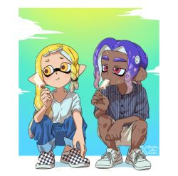  1boy 1girl ariamikukanzaki asymmetrical_hair blonde_hair blue_hair blue_pants braid checkered_footwear commentary dark-skinned_male dark_skin english_commentary eyebrow_cut food hirooooo_(splatoon) holding holding_food holding_popsicle inkling melting octoling pants pointy_ears popsicle red_eyes shirt shoes shorts side_braid signature splatoon_(series) splatoon_3 squatting striped_clothes striped_shirt sweatdrop t-shirt tentacle_hair veronika_(splatoon) white_shoes white_shorts yellow_eyes 