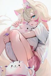  1girl ;d absurdres animal_ear_fluff animal_ears bandaid bandaid_hair_ornament blonde_hair blue_eyes clothing_cutout crossed_bangs dog_ears dog_girl dog_tail double-parted_bangs fake_horns fang hair_between_eyes hair_intakes hair_ornament hairband highres hololive hololive_english horn_hairband horns hugging_object knees_up looking_at_viewer maru_ccy mococo_abyssgard multicolored_hair one_eye_closed open_mouth perroccino_(fuwamoco) pillow pillow_hug pink_hair pink_hairband pink_shorts pink_slippers shirt short_hair short_shorts short_sleeves shorts shoulder_cutout simple_background sitting skin_fang slippers smile solo streaked_hair tail two_side_up virtual_youtuber white_background white_shirt x_hair_ornament 