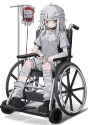  1girl absurdres bandaged_arm bandaged_head bandaged_leg bandages bandaid bandaid_on_cheek bandaid_on_face black_shoes blood blood_bag closed_mouth commentary_request dress full_body highres hisha_(kan_moko) intravenous_drip leg_warmers long_hair looking_at_viewer original puffy_short_sleeves puffy_sleeves red_eyes shoes short_dress short_sleeves sitting wheelchair white_dress white_hair white_leg_warmers 