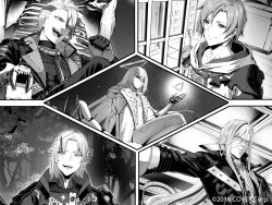  1other 4boys :d axel_syrios closed_mouth commentary_request glasses hair_between_eyes halo highres hololive hololive_english holostars holostars_english holotempus jacket long_hair magni_dezmond male_focus monochrome mugetsu2501 multiple_boys noir_vesper official_art omega_alpha open_clothes open_jacket patterned_hair pointy_ears regis_altare short_hair smile teeth tongue triangle_halo virtual_youtuber 