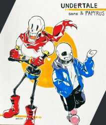  2021 2boys 2d armor artist_name black_shorts blue_jacket blue_shorts boots brothers cape character_name copyright_name crossed_arms drawstring duo full_body gloves grey_hood hand_in_pocket hand_up height_difference highres hollow_eyes hood hood_down hooded_jacket humanoid jacket male male_focus male_only marker_(medium) monster monster_boy multiple_boys one_eye_closed open_clothes open_jacket open_mouth papyrus_(undertale) pen_(medium) pink_slippers red_boots red_cape red_gloves sakito_(mg_1016) sans_(undertale) shirt shorts siblings simple_background single_vertical_stripe skeleton slippers socks standing striped_shorts teeth text traditional_media undead undertale utdr_(toby_fox) vertical-striped_clothes vertical-striped_shorts white_armor white_background white_gloves white_shirt white_socks white_stripes 