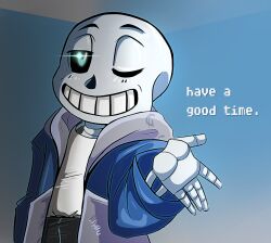  1boy 2015 2d aqua_background aqua_eyes black_shorts blue_jacket commentary digital_media english_commentary gradient_background grey_background grey_hood half-closed_eye hollow_eyes hood hood_down hooded_jacket humanoid jacket looking_at_viewer male male_focus male_only monster monster_boy multicolored_eyes one_eye_closed open_clothes open_jacket sans_(undertale) shirt shorts simple_background skeleton solo teeth toono two-tone_background undead undertale upper_body utdr_(toby_fox) white_shirt yellow_eyes 