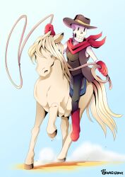  1boy 2019 2d alternate_costume animal aqua_background artist_name black_pants black_tank_top boots brown_hat brown_vest closed_mouth cowboy_hat digital_media dust_cloud full_body gloves gradient_background hat holding holding_rope horse horse_riding humanoid lasso male male_focus male_only monster monster_boy pants papyrus_(undertale) red_boots red_gloves red_scarf riding rope scarf shadow simple_background skeleton sleeveless sleeveless_shirt solo tank_top teeth undead undertale uneven_eyes utdr_(toby_fox) vest white_background zwagyzonk 