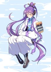  1boy ahoge black_boots blue_background blue_bow boots bow closed_eyes closed_mouth cloud_background commentary english_commentary full_body hair_between_eyes hair_bow hakama hakama_pants hands_in_opposite_sleeves headphones headset high_ponytail highres japanese_clothes kamui_gakupo knees_up long_hair long_sidelocks long_sleeves low-tied_sidelocks male_focus microphone nifffi pants ponytail purple_hair sidelocks simple_background single_sode solo u_u very_long_hair very_long_sidelocks vocaloid wide_sleeves 