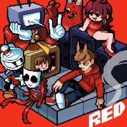  1other 2girls 4boys 9aaaalt29 :d ankle_boots ant_tenna antenna_hair arm_support banban_(garten_of_banban) bare_arms bare_legs bare_shoulders bendy_straw black_eyes black_pants boots brown_boots brown_hair chara_(undertale) cigar closed_mouth color_connection comedy_and_tragedy_masks commentary crossover crt cup cuphead cuphead_(game) deltarune double-parted_bangs drawstring dress drinking_straw eddsworld friday_night_funkin' full_body gangle_(the_amazing_digital_circus) garten_of_banban girlfriend_(friday_night_funkin') gloves grin hair_behind_ear hair_between_eyes hair_ears hair_horns hand_on_own_cheek hand_on_own_face heart highres holding holding_cigar hood hood_down hoodie index_finger_raised jacket long_hair long_sleeves looking_ahead looking_at_another multiple_boys multiple_crossover multiple_girls necktie object_head open_mouth orange_necktie pants pencil_dress pointy_nose red_background red_dress red_eyes red_hair red_hoodie red_jacket red_ribbon red_shoes red_shorts ribbon shirt shoes short_dress short_hair shorts simple_background sitting sleeveless sleeveless_dress smile smoke solid_oval_eyes symbol-only_commentary the_amazing_digital_circus tile_floor tiles tongue tongue_out tord_(eddsworld) undertale uneven_eyes utdr_(toby_fox) very_short_hair white_gloves white_shirt 