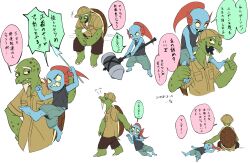  1boy 1girl 2019 2d age_difference aged_down anthro barefoot black_tank_top blue_skin carrying carrying_person child closed_eyes colored_sclera colored_skin digital_media duo ear_fins female female_child fins fish fish_girl gerson_boom green_pants green_skin hammer hand_on_another's_head hat head_fins height_difference high_ponytail highres holding holding_hammer holding_polearm holding_spear holding_weapon lifting_person long_hair lying male monster monster_girl multiple_views old old_man on_back own_hands_together pants polearm ponytail red_hair seki_(vcyr2733) sharp_teeth shoulder_carry simple_background sitting slit_pupils spear speech_bubble tank_top teeth text translation_request turtle turtle_boy undertale undyne utdr_(toby_fox) walking weapon white_background yellow_sclera yellow_teeth 