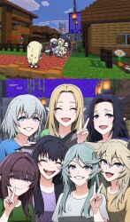  6+girls alpha_(kagejitsu) animal_ears beta_(kagejitsu) blush cat_ears closed_eyes commentary_request delta_(kagejitsu) elf epsilon_(kagejitsu) eta_(kagejitsu) gamma_(kagejitsu) highres kage_no_jitsuryokusha_ni_naritakute! long_hair looking_at_viewer minecraft mole mole_under_mouth multiple_girls open_mouth pointy_ears shirt short_hair smile standing t-shirt wolf_ears zeta_(kagejitsu) 