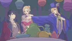  1girl 2boys arabian_clothes black_eyes black_hair blonde_hair blue_hat braid commentary_request cup flop_o'connell hanging_from_ceiling hat hat_feather highres jacket korean_commentary medium_o'connell multiple_boys multiple_braids re:zero_kara_hajimeru_isekai_seikatsu red_jacket sunsheller table tea teacup vincent_vollachia 