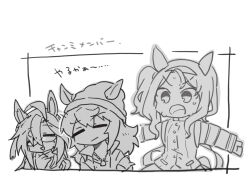  3girls :> animal_ears beanie beer_hsk character_request check_character chibi closed_eyes closed_mouth dream_journey_(umamusume) ears_through_headwear glasses greyscale hair_over_one_eye hairband hat horse_ears jacket king_halo_(noble_white_cheer_attire)_(umamusume) king_halo_(umamusume) monochrome multiple_girls nakayama_festa_(umamusume) one_side_up open_clothes open_jacket open_mouth ouendan parted_lips shirt sweat translation_request triangle_mouth umamusume v-shaped_eyebrows white_background 