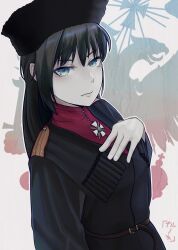  1girl absurdres armor belt black_hair black_shirt blookswashinda brown_belt collar_pin commentary english_commentary genderswap genderswap_(mtf) green_eyes hand_on_own_chest highres imperial_russian_army long_hair military_uniform pauldrons pyotr_nikolayevich_wrangel real_life russia russian_civil_war russian_empire russian_flag shirt shoulder_armor solo white_army 