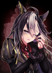  1girl absurdres ahoge animal_ears black_coat black_gloves black_hair blonde_hair blue_eyes blush coat collared_shirt colored_inner_animal_ears commentary_request dream_journey_(umamusume) eyewear_strap glasses gloves hair_between_eyes hands_up highres horse_ears horse_girl kamiya_(kamiya19930330) long_hair long_sleeves looking_at_viewer parted_lips puffy_sleeves red_shirt shirt smile solo umamusume white_hair 