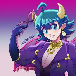  1boy ahoge black_gloves blue_eyes blue_hair domino_mask earrings elbow_gloves eye_mask feather_earrings feathers gloves gradient_background highres horns jewelry kirina_hm mairimashita!_iruma-kun male_focus mask short_hair suzuki_iruma unworn_mask upper_body user_nphg7847 wings 