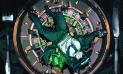  1boy absurdres belt black_belt black_gloves black_hat black_jacket black_necktie black_pants chance_(forsaken) collared_shirt facing_viewer fedora fork forsaken_(roblox) full_body gloves grin hat highres jacket knife namdam096 necktie nervous_smile nervous_sweating pants playe roblox roulette shirt smile solo sunglasses sweat white_shirt 