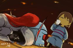  1girl 1other 2019 2d ambiguous_gender ankle_boots anthro armor black_eyepatch blue_shirt blue_shorts blue_skin boots breastplate brown_boots brown_hair child colored_skin cup digital_media double_horizontal_stripe duo dutch_angle ear_fins eyepatch fallen_down female fins fish fish_girl frisk_(undertale) gauntlets head_fins high_ponytail holding holding_cup horizontal-striped_clothes human long_hair looking_at_another lying monster monster_girl no_mouth on_stomach pauldrons pink_stripes ponytail red_hair seki_(vcyr2733) sharp_teeth shirt short_hair shorts standing striped_clothes striped_shirt teeth two-tone_shirt undertale undyne unusually_open_eyes utdr_(toby_fox) yellow_teeth 