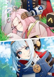  2girls absurdres aino_(genshin_impact) android bangs_pinned_back blue_cape blue_eyes blue_hair bright_pupils cape closed_eyes closed_mouth coat commentary_request day genshin_impact grass hair_ornament hand_on_another's_head highres ineffa_(genshin_impact) joints lap_pillow long_hair looking_at_another mechanical_arms multiple_girls on_grass outdoors pink_hair red_cape robot_ears robot_joints screw_hair_ornament sidelocks twitter_username two-sided_cape two-sided_fabric usako_(usako1031) white_coat white_pupils x_hair_ornament 