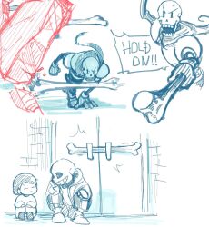  1other 2019 2boys 2d =_= ambiguous_gender ankle_boots aqua_theme armor battle bone boots brothers cape child digital_media door dynamic_pose finger_to_mouth frisk_(undertale) gloves holding holding_bone hood hood_down hooded_jacket human humanoid jacket knees_up looking_at_another male monochrome monster monster_boy multiple_boys open_clothes open_jacket papyrus_(undertale) sans_(undertale) seki_(vcyr2733) shirt short_hair shorts siblings simple_background single_vertical_stripe sitting skeleton sketch slippers socks striped_shorts teeth trio undead undertale utdr_(toby_fox) vertical-striped_clothes vertical-striped_shorts wall white_background 