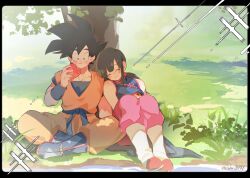  1boy 1girl apple artist_name black_hair blue_sash chi-chi_(dragon_ball) chinese_clothes closed_eyes commentary_request dougi dragon_ball dragon_ball_(classic) eating food fruit head_on_another's_shoulder highres holding holding_food holding_fruit husband_and_wife indian_style long_hair ponytail roku_(roku_0141) sash short_sleeves sitting sleeveless smile son_goku tree under_tree wristband 