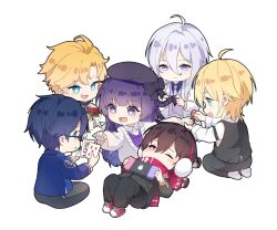  1girl 5boys :d ahoge alkaid_mcgrath animal_print applying_another's_manicure applying_manicure aqua_eyes ayn_alwyn beret black_bow black_hair black_hat black_jacket black_pants black_shirt black_vest blonde_hair blue_eyes blue_hair blue_jacket blush bow braid braiding_another's_hair braiding_hair brown_shoes cael_anselm cael_anselm_(everyday_outfit) card cardigan center-flap_bangs chibi chibi_only chinese_commentary clarence_clayden clarence_clayden_(everyday_outfit) closed_mouth collared_shirt cosmetics covered_mouth curtained_hair diagonal-striped_clothes diagonal-striped_necktie earmuffs flower full_body glasses green_eyes hair_between_eyes hairdressing hat hat_bow heroine_(lovebrush_chronicles) holding holding_card holding_flower indian_style jacket knees_up lap_pillow lapels lars_rorschach long_bangs long_hair long_sleeves looking_at_another looking_at_object looking_to_the_side lovebrush_chronicles lying male_harem medium_hair multiple_boys nail_polish nail_polish_bottle nail_polish_brush neck_ribbon necktie no_shoes notched_lapels on_back one_eye_closed open_cardigan open_clothes open_jacket painting_fingernails pants parted_lips pinstripe_pattern pinstripe_vest playing_card purple_hair purple_necktie purple_shirt purple_vest rabbit_print reaching red_eyes red_flower red_rose red_scarf red_shoes red_skirt ribbon rose scarf scarf_over_mouth seiza shhuii shirt shoes short_hair side_braid simple_background sitting skirt sleeve_garter smile sneakers socks striped_clothes suit v-shaped_eyebrows vest violet_eyes white_background white_cardigan white_hair white_jacket white_pants white_shirt white_socks white_suit 