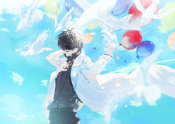  1boy absurdres arms_up balloon bird black_hair black_shirt blue_sky clouds cloudy_sky coat cowboy_shot dappled_sunlight day faceless head_tilt highres kim_dokja male_focus motion_blur omniscient_reader's_viewpoint open_clothes open_coat outdoors roellm shaded_face shirt shirt_tucked_in short_hair sky string_around_wrist sunlight too_many too_many_birds white_coat wind wind_lift 