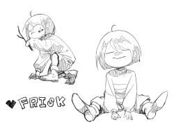  1other 2018 2d ambiguous_gender ankle_boots bandaid bandaid_on_face boots brown_hair character_name child digital_media double_horizontal_stripe frisk_(undertale) heart highres holding holding_stick horizontal-striped_clothes human monochrome multiple_views other_focus seki_(vcyr2733) short_hair shorts simple_background sitting solo stick striped_clothes striped_sweater sweater undertale utdr_(toby_fox) variant_set white_background 
