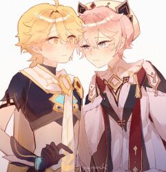  2boys aether_(genshin_impact) ahoge arm_armor armor artist_name beret black_gloves black_shirt blonde_hair blue_eyes blush braid bright_pupils cape closed_mouth dahlia_(genshin_impact) earrings english_commentary genshin_impact gloves gold_trim hair_between_eyes hand_up hat highres jewelry long_hair long_sleeves looking_at_another male_focus midriff multiple_boys open_clothes open_vest pink_hair pointy_ears puffy_long_sleeves puffy_sleeves red_vest scarf shirt short_hair short_sleeves shoulder_armor simple_background single_braid single_earring standing tassel vest white_background white_hat white_pupils white_scarf white_shirt yaginori yellow_cape yellow_eyes 