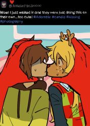  1girl 1other animal_ears antlers blonde_hair brown_fur brown_hair brown_hood checkered_clothes checkered_sweater_vest checkered_vest couch deer_antlers deer_ears deer_girl deer_tail deltarune drawstring fake_screenshot forced_kiss freckles furry furry_female goomyloid green_hoodie head_grab hood hoodie horns kiss kris_(deltarune) long_hair medium_hair noelle_holiday profile red_nose reindeer_girl soul_(deltarune) sweatdrop tail two-tone_sweater_vest utdr_(toby_fox) vest weird_route_(deltarune) 