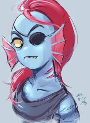  1girl 2018 2d anthro black_eyepatch black_tank_top blue_skin colored_sclera colored_skin cropped_shoulders dated digital_media ear_fins eyepatch female female_only fins fish fish_girl grey_background head_fins high_ponytail long_hair looking_at_viewer monster monster_girl ponytail red_hair seki_(vcyr2733) sharp_teeth signature simple_background slit_pupils solo tank_top teeth undertale undyne utdr_(toby_fox) yellow_sclera yellow_teeth 