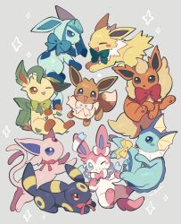  :o absurdres animal_focus animal_hands black_fur blue_bow blue_eyes blue_fur blush_stickers bow brown_eyes brown_fur eevee espeon facial_mark fang fins fish_tail flareon forehead_jewel forehead_mark full_body glaceon green_bow green_fur grey_background head_fins highres jolteon leaf leafeon looking_at_another looking_at_viewer neck_fur no_humans nullma one_eye_closed open_mouth orange_fur pink_fur pokemon pokemon_(creature) pokemon_focus purple_fur red_bow red_eyes red_ribbon ribbon sidelocks simple_background skin_fang spiked_tail standing sylveon tail umbreon vaporeon violet_eyes white_bow white_fur yellow_bow yellow_fur 
