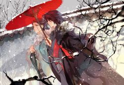  2boys architecture bare_tree bindi black_cloak black_hair black_hanfu blurry blurry_foreground chinese_clothes cloak closed_mouth clouds cloudy_sky commentary_request curtained_hair day dutch_angle east_asian_architecture facial_mark forehead_mark fur-trimmed_cloak fur_trim green_cloak green_hair half_updo hanfu highres holding holding_umbrella light_particles long_hair long_sleeves looking_at_another luo_binghe male_focus multiple_boys outdoors parasol parted_hair red_eyes renzha_fanpai_zijiu_xitong sakuramochi1003 shadow shen_qingqiu sky snow snowing tree umbrella upper_body watermark wavy_hair white_hanfu wide_sleeves xiao_guan_(headdress) 