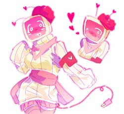  1girl antennae armband bandana cable cable_tail commentary crt dress english_commentary forsaken_(roblox) hand_up heart hong_tanght long_sleeves mechanical_tail multiple_views pink_armband pink_bandana pink_skirt pink_thighhighs pleated_skirt puffy_long_sleeves puffy_sleeves ribbed_dress roblox simple_background skirt sleeves_past_fingers sleeves_past_wrists sweater sweater_dress tail thigh-highs veeronica_(forsaken) white_background white_sweater 