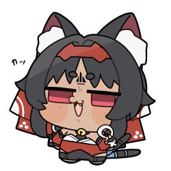  1girl animal_ear_fluff animal_ears barcode barcode_tattoo bell black_hair cable cable_tail cat_ears cat_girl cat_tail chibi chibi_only commentary_request corset facial_mark forehead_mark forehead_tattoo full_body hairband half-closed_eyes highres mechanical_tail multiple_tails neck_bell nekomiya_mana no_pupils open_mouth red_corset red_eyes red_hairband red_sleeves shinonome_nashi simple_background solo tail tattoo triangle triangle_facial_mark two_tails white_background zenless_zone_zero 