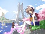  1024x768 bad_id bag blush bridge brown_eyes brown_hair cherry_blossoms hat legs nekomiya_nono one_shoe petals randoseru sakura_sora school_uniform shoe_dangle short_hair single_shoe sitting sky thigh-highs thighhighs tupet wallpaper yotsunoha 