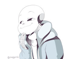  1boy 2020 2d artist_name digital_media half-closed_eyes hand_up hood hood_down hooded_jacket humanoid jacket looking_at_viewer male male_focus male_only monster monster_boy open_clothes open_jacket sans_(undertale) simple_background skeleton smug solo sweater undead undertale upper_body utdr_(toby_fox) white_background white_sweater zwagyzonk 
