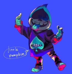  1boy 2019 2d blue_background blue_tongue colored_tongue creature deltarune digital_media full_body lancer_(deltarune) male male_focus male_only pants seki_(vcyr2733) shirt simple_background sneakers solo spade_(shape) speech_bubble t-shirt text tongue tongue_out utdr_(toby_fox) 